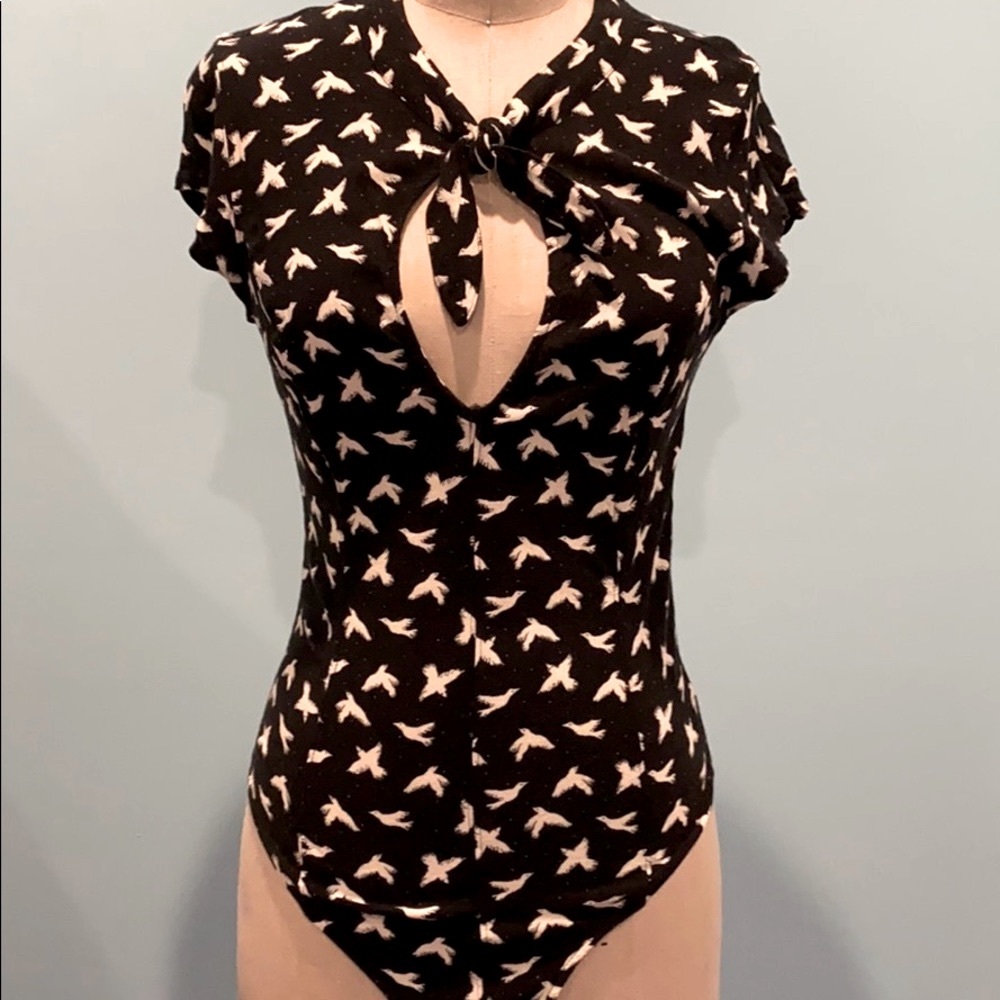 Black & ivory bird printed knit bodysuit